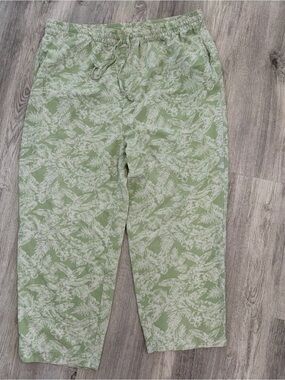 VTG Drawstring Green 100% Silk Floral Pants Womens L Quiet Luxury Beach Coastal